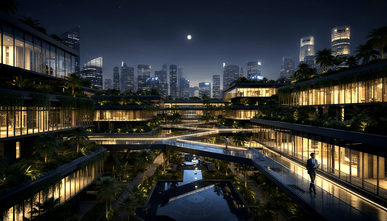CGI night render: terraced open-air complex with glass balustrades, palms, amber LEDs, reflective water; man in suit holds tablet.