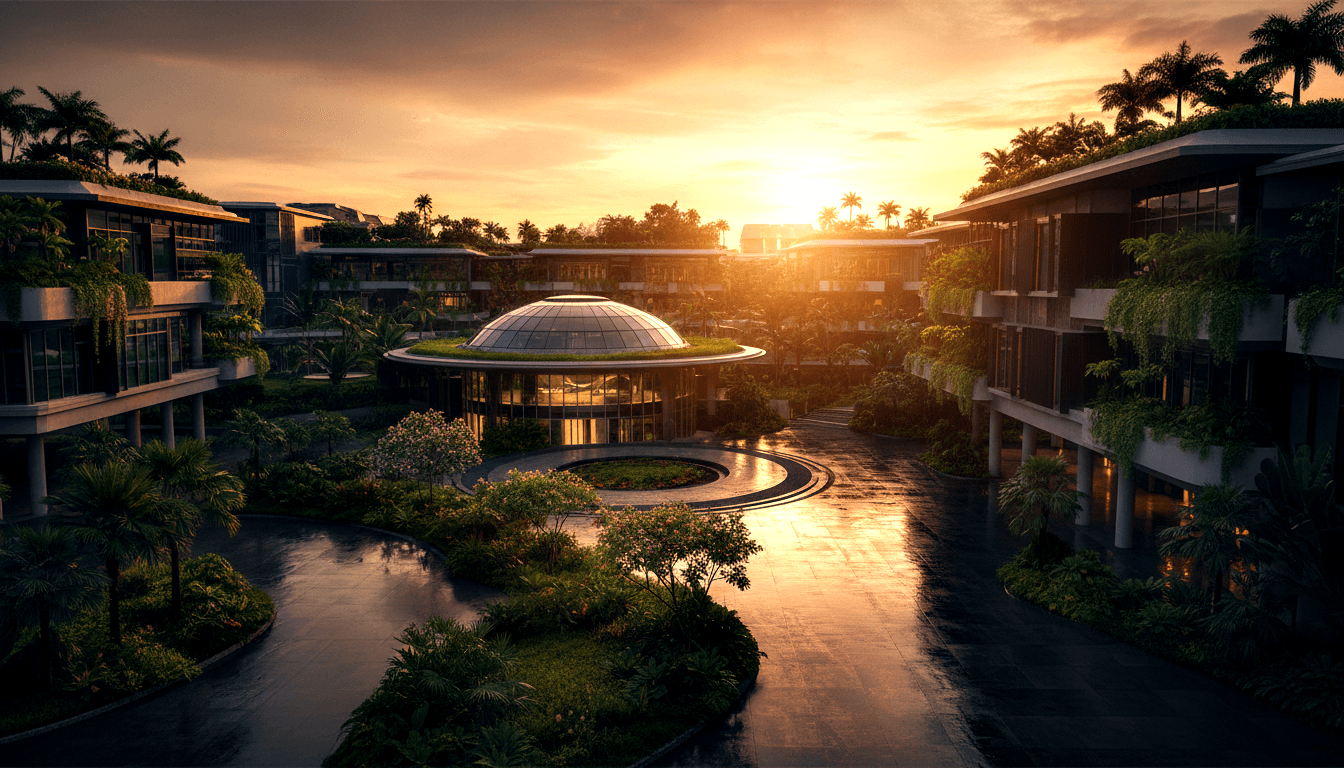 CGI render: glass-domed pavilion with green living roof, flanking buildings, tropical palms, golden hour reflections on wet plaza.