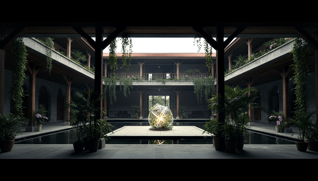 Symmetrical CGI courtyard: timber columns, reflecting pools, palms, pink flowers, central glowing spherical armillary sculpture.