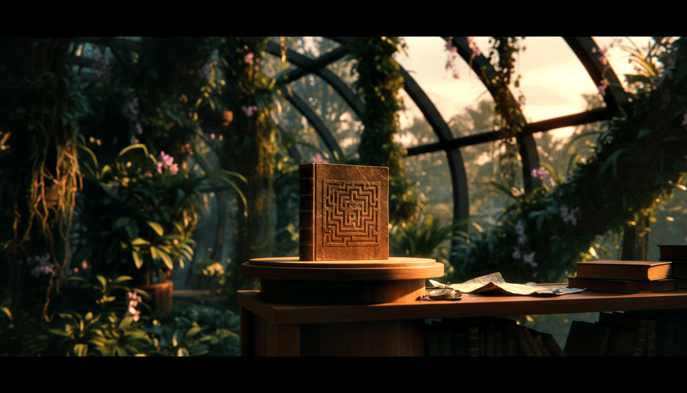 Carved stone cube with maze pattern on wooden turntable, flanked by books, papers, and compass, with botanical conservatory behind.