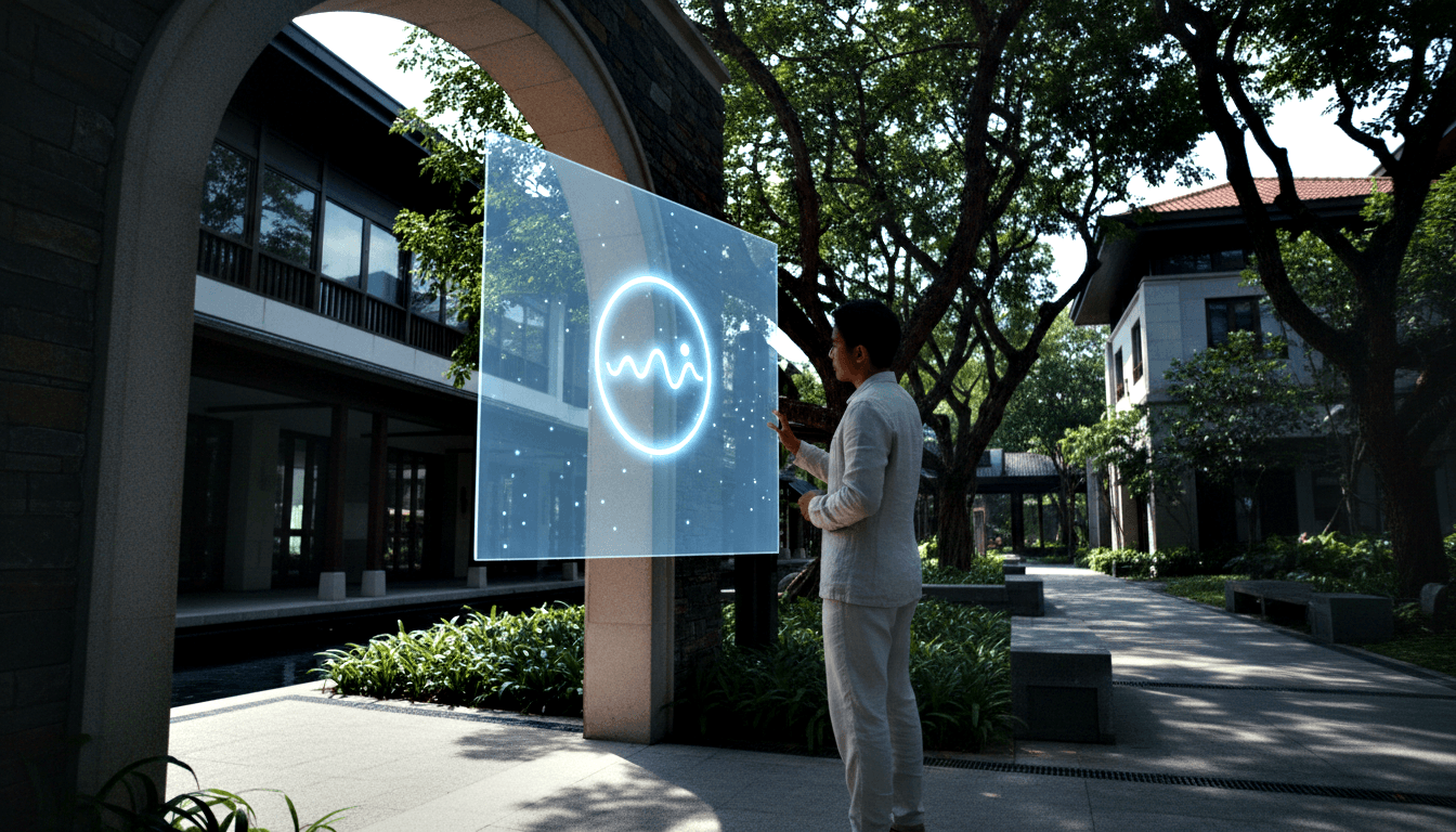 Young adult male in cream blazer raises one arm toward a large holographic panel displaying a cyan circular emblem with a sine wave.