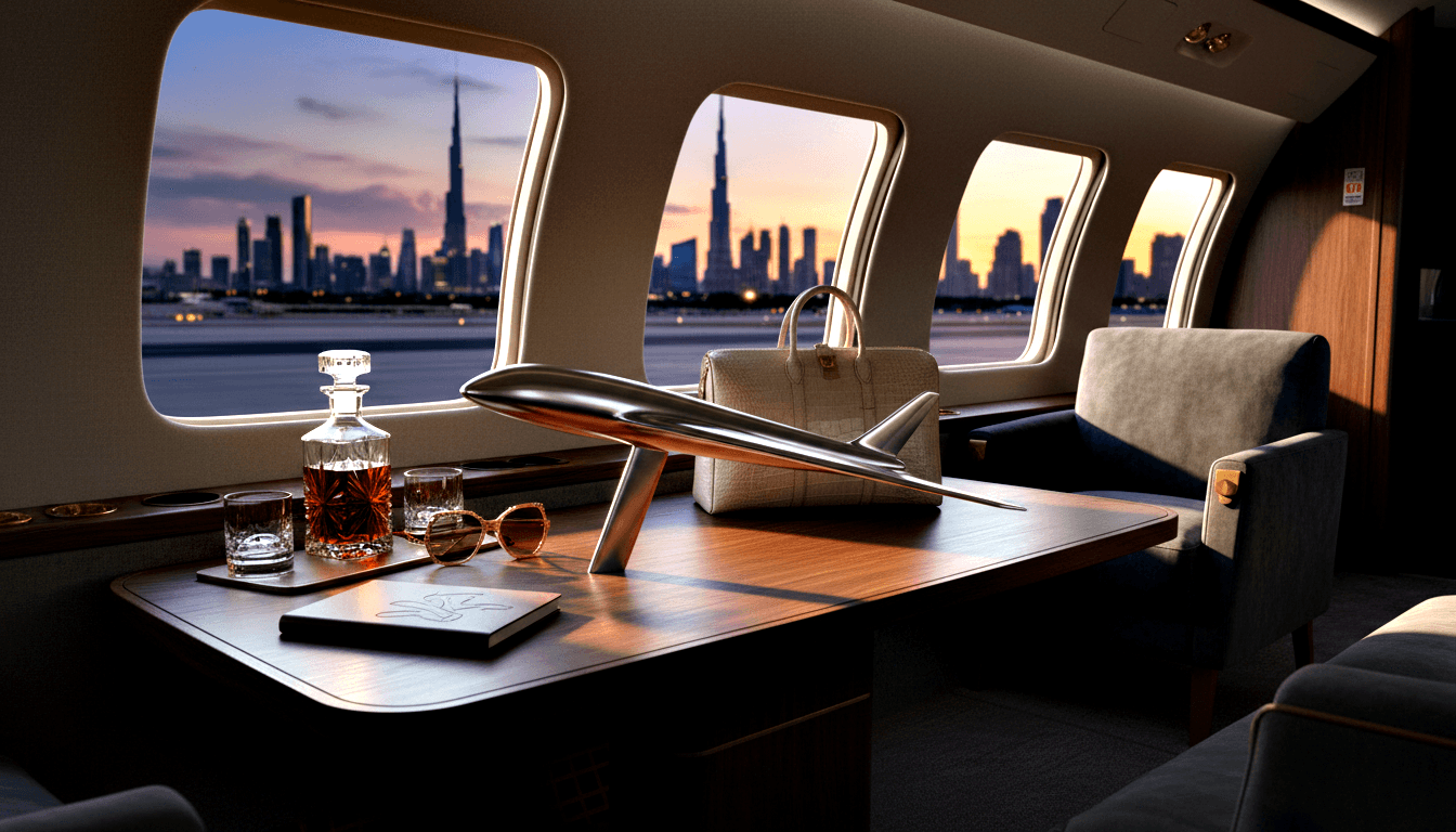 CGI private jet cabin: wood table with chrome jet model, crystal decanter, glasses, handbag; twilight skyline through oval windows.