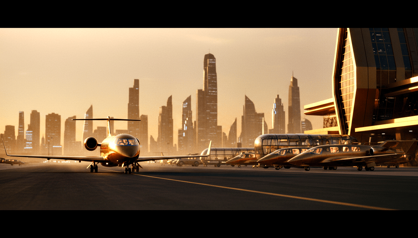 CGI golden-hour render: bronze-gold business jet on tarmac, cockpit silhouettes, smaller jets, glass terminal, tower skyline.