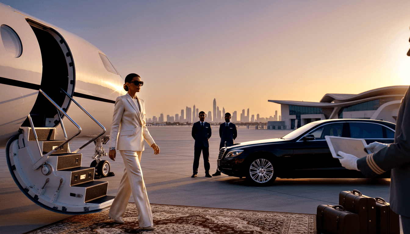 Woman in cream pantsuit and sunglasses descends private jet airstairs to a tarmac, ornate rug at base, two suited men by black sedan.
