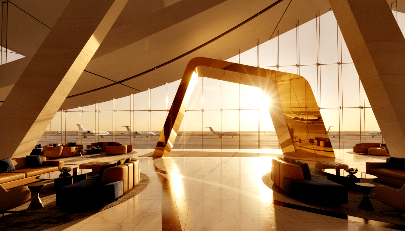 CGI terminal: gold sculptural arch, amber and navy seating on marble, glass walls overlooking sunlit tarmac with jets.