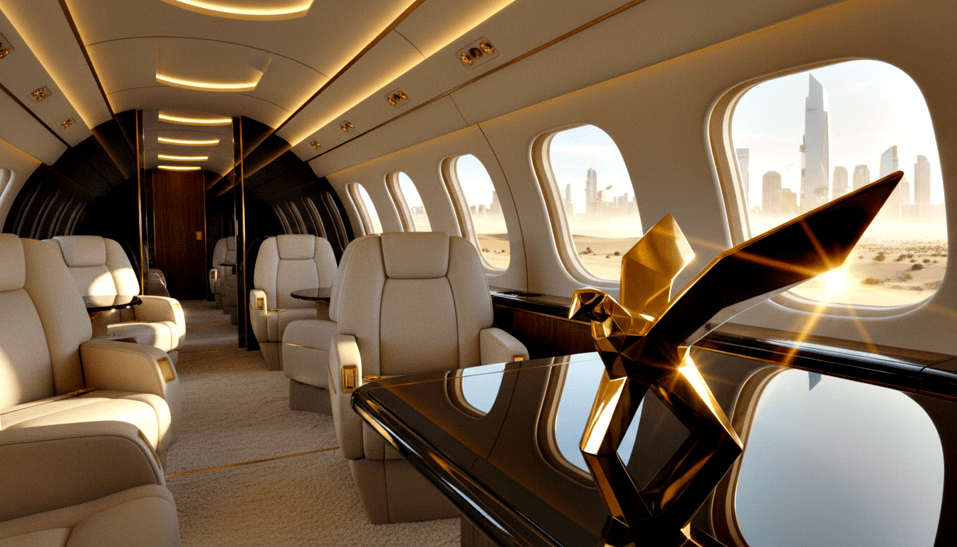 CGI private jet cabin with cream leather recliners, gold hardware, and a glossy black table holding a gold faceted sculpture.