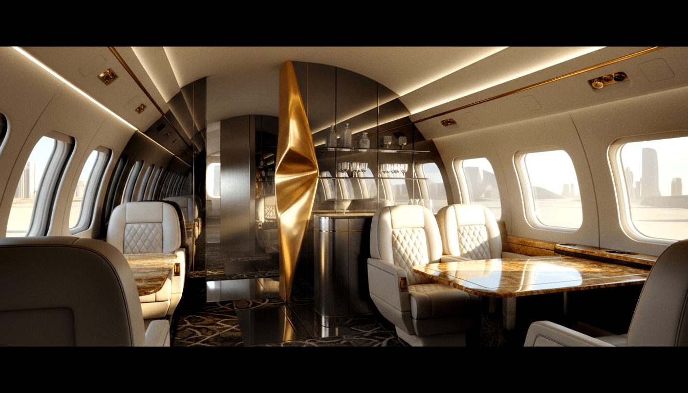 3D-rendered private aircraft cabin with gold sculptural bar column, quilted white leather seats, marble tables, and oval windows.