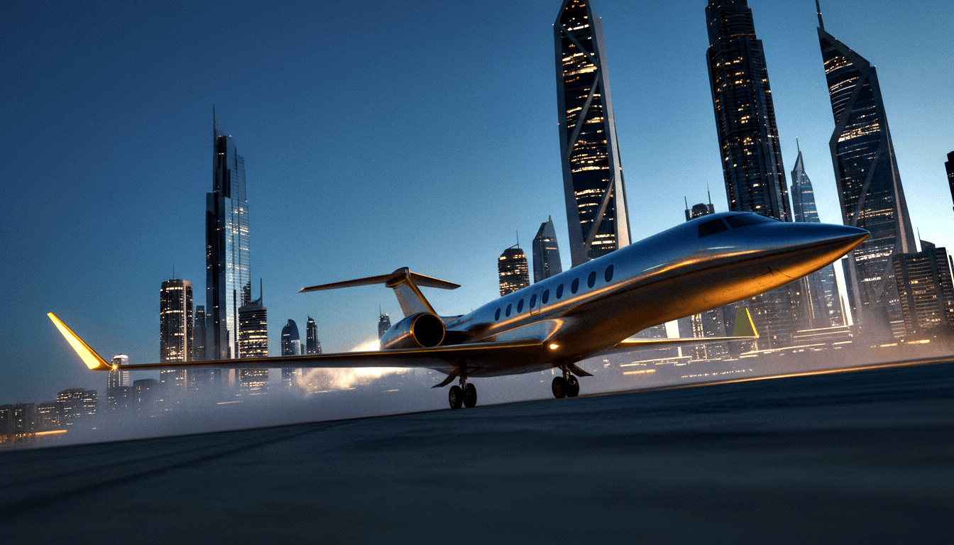 White business jet with gold and yellow fuselage stripes on dark tarmac, rear-mounted engines visible, glass skyscrapers glowing amber behind it.