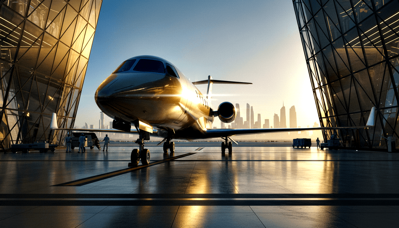Gold-toned private jet with rear-mounted engines centered in a glass-and-steel hangar, city skyline visible through open bay doors.