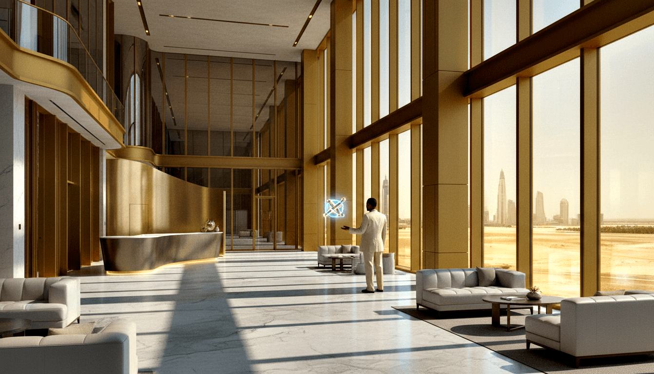 CGI hotel lobby with marble floors and gold reception desk; person in white suit reaches toward a glowing blue orb floating mid-air.