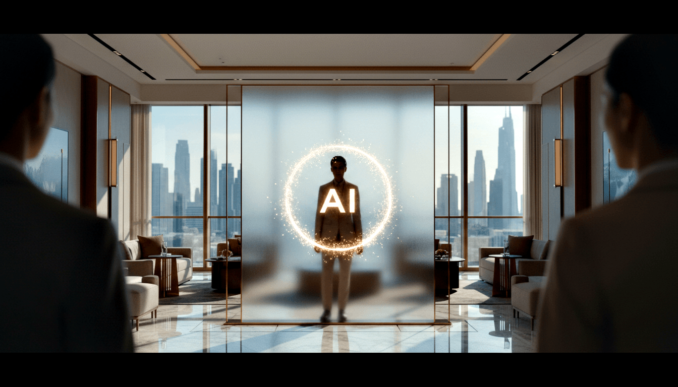 Glowing humanoid AI silhouette in circular ring of light flanked by two formally dressed figures in a marble-floored interior with skyline views.