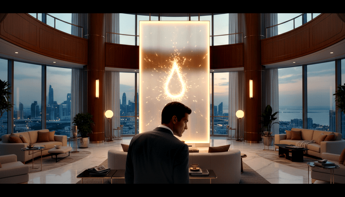Man in dark suit, rear view, stands in penthouse facing a glowing teardrop panel with spark particles, city skyline at dusk behind glass.
