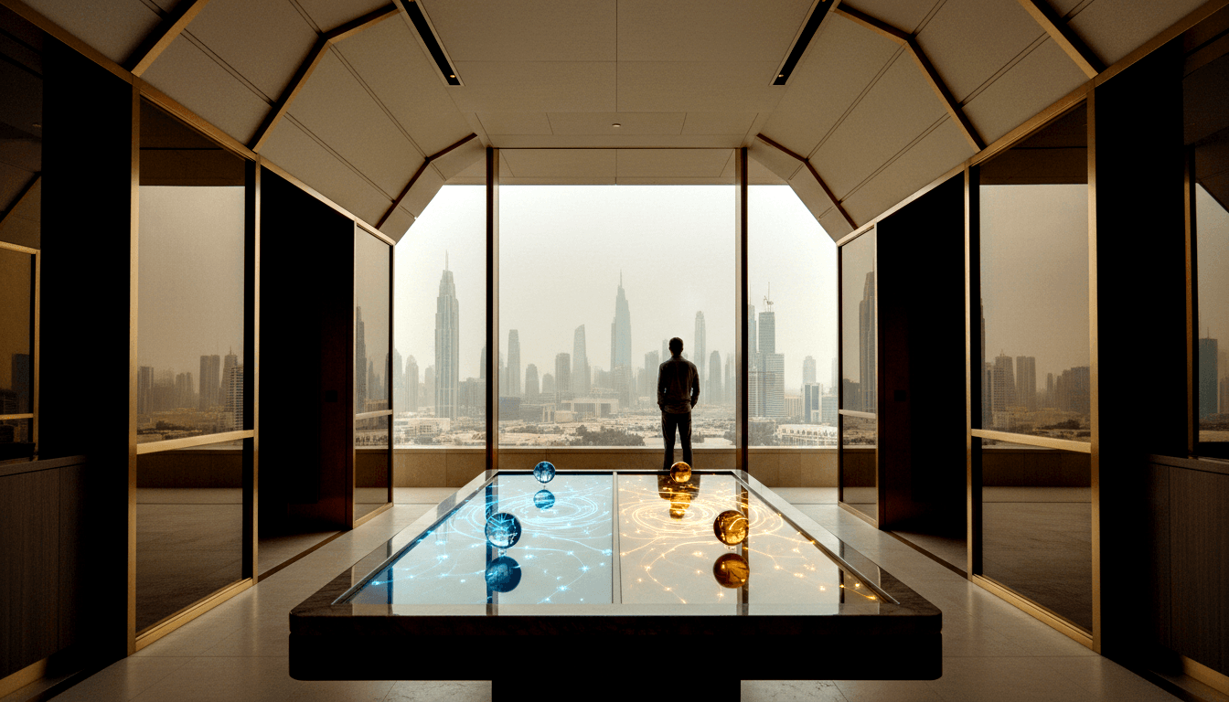 Silhouetted man faces panoramic windows over hazy skyline; glass table displays blue and amber holographic orbital projections.