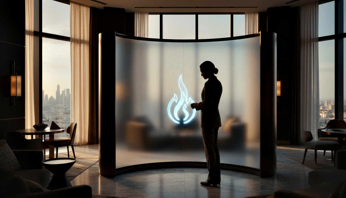 Woman in dark suit arms extended toward frosted panel with glowing blue flame symbol; twilight city skyline visible through flanking windows.