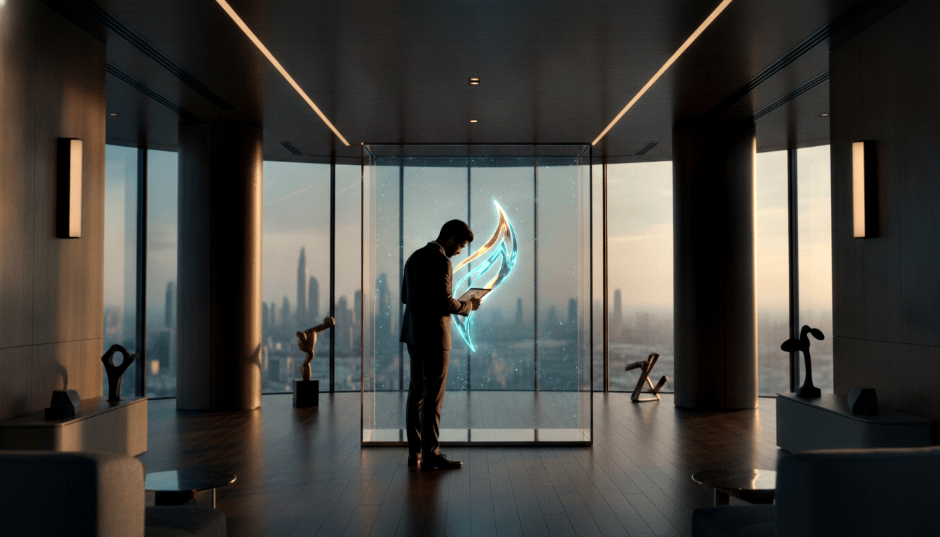Male in dark suit holds flat device in a CGI high-rise interior with glowing cyan-and-gold floating emblem and hazy dusk skyline.