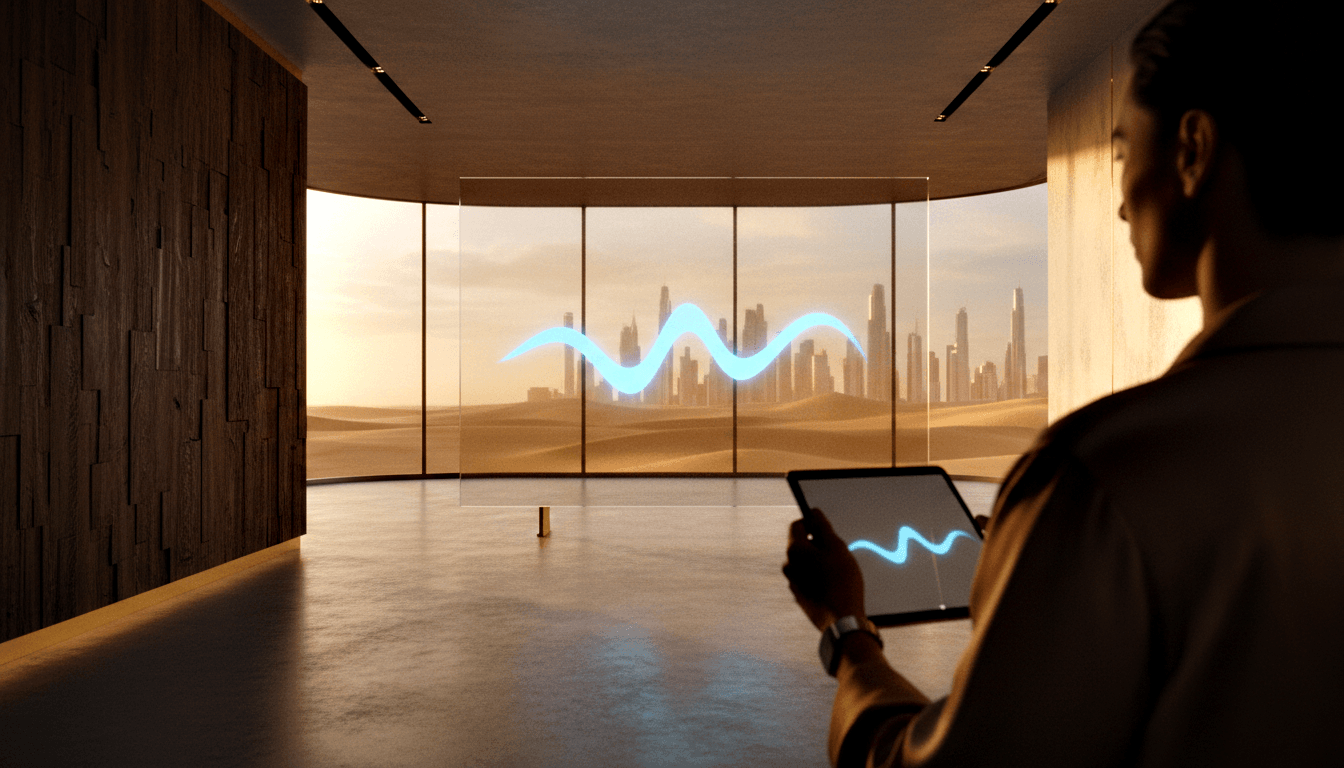 Man in beige jacket holds tablet with cyan waveform facing holographic blue wave above golden cylinder; glass, desert view.