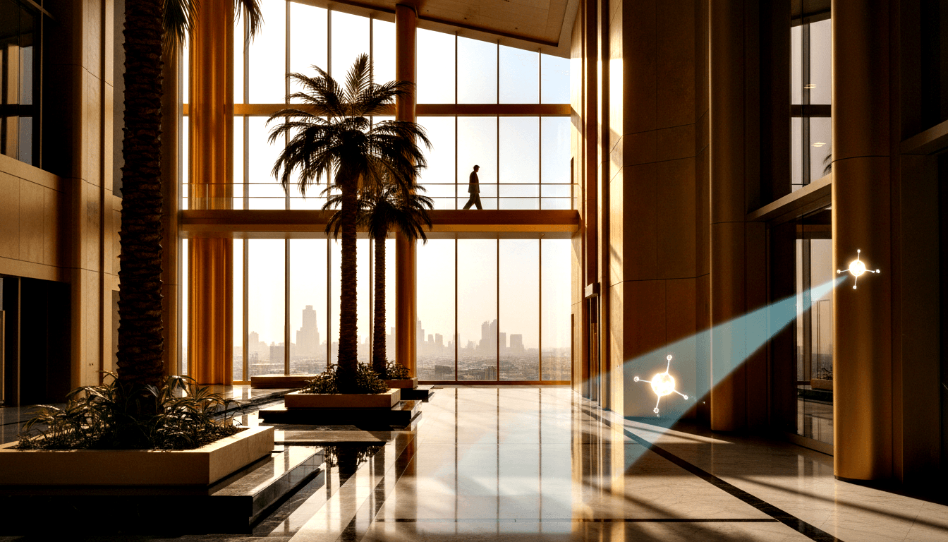 CGI marble lobby with gold columns, tall palm trees, diagonal golden light beam from glass walls, silhouette on mezzanine.