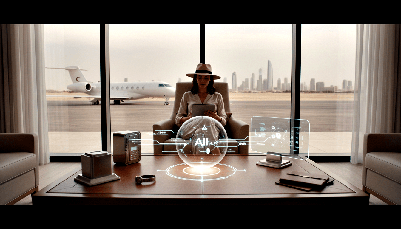 Woman in beige hat holds tablet in armchair; holographic AI sphere floats nearby, private jet visible through windows.