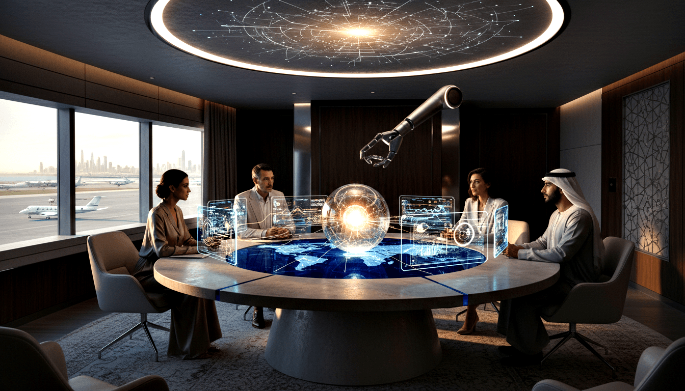 CGI: four people in Gulf Arab dress at glowing world-map conference table; mechanical arm descends toward luminous sphere.