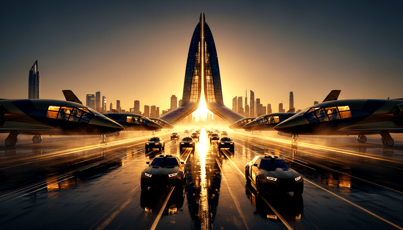 CGI: dark autonomous vehicles on wet reflective tarmac converge toward twin-spire glass structure, flanked by teal futuristic aircraft.