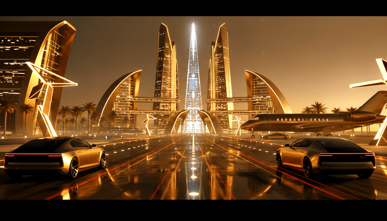 CGI night scene: golden skyscrapers with curved fins around a glowing spire, two gold sports cars, private jet, palm trees.