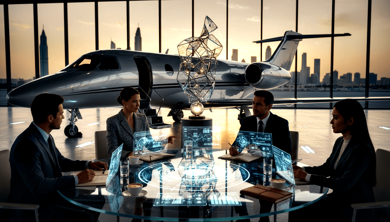 Four professionals in dark attire at a glass table with holographic charts, metallic sculpture, windows showing dusk skyline and private jet.