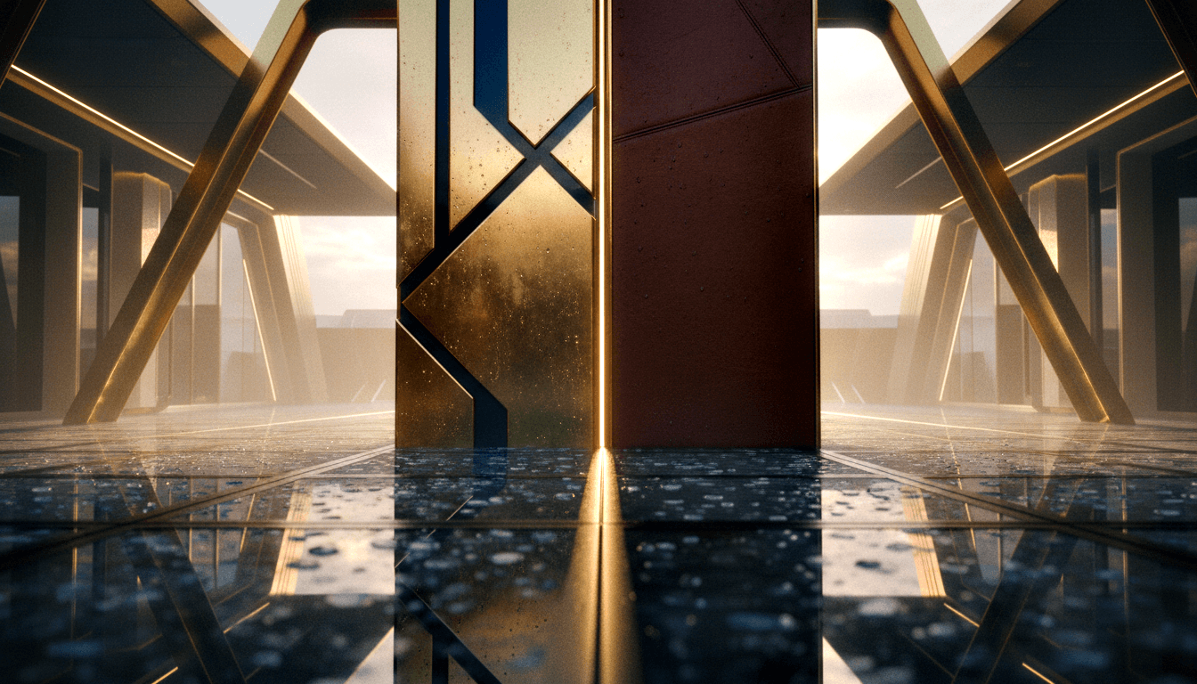 CGI grand interior hall with ornate gold-trimmed double doors, chevron patterns, arched openings, and reflective dark floor.