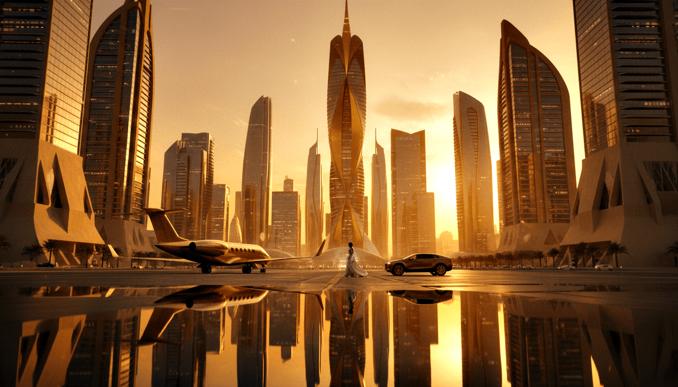 CGI amber sunset cityscape with a central twisted double-helix golden skyscraper; a solitary figure in a white gown stands on a reflective plaza.