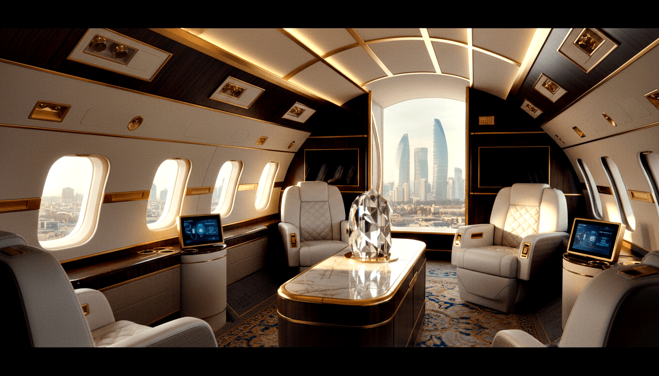 CGI jet cabin: quilted cream armchairs flank marble table with crystal sculpture; dark wood, gold trim, cityscape rear window.
