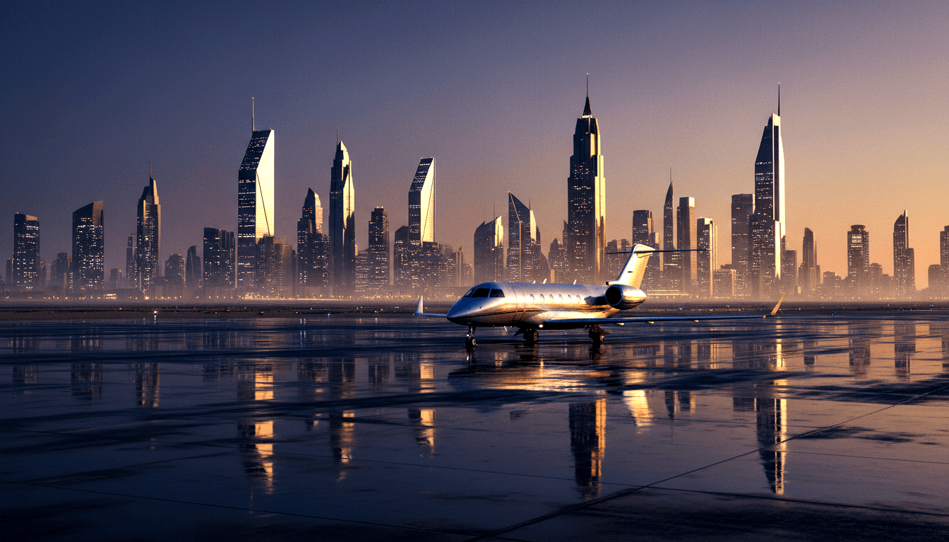 White business jet with winglets on wet reflective tarmac, mirroring a dense skyline of skyscrapers glowing amber under a navy twilight sky.
