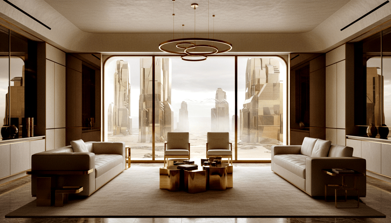 Symmetrical CGI living room: cream sofas, brass coffee tables, circular chandelier; window frames brutalist concrete towers in arid landscape.