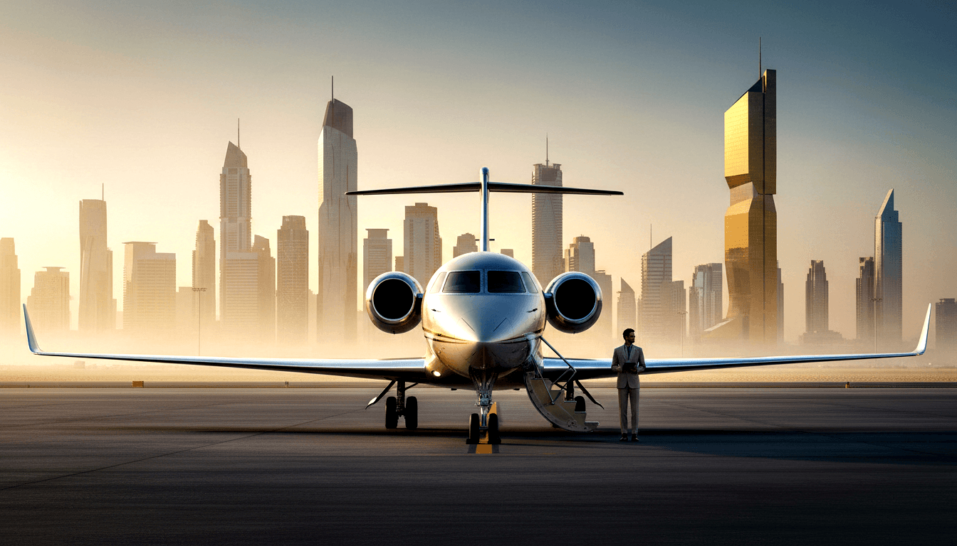 White private jet with T-tail and winglets on tarmac, boarding stairs down, man in beige suit holding tablet nearby.