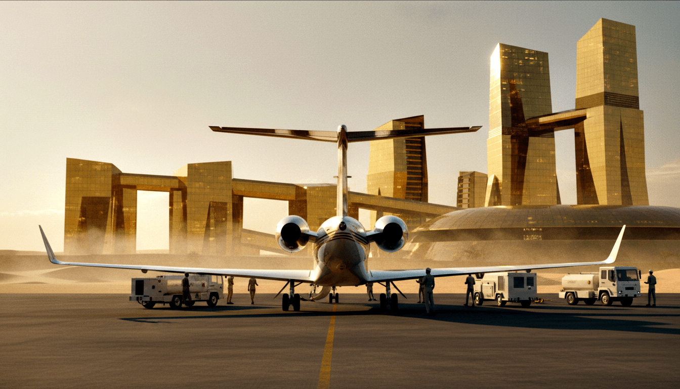 White business jet on dark tarmac with ground crew and fuel trucks; massive gold-clad angular towers loom behind in golden haze.