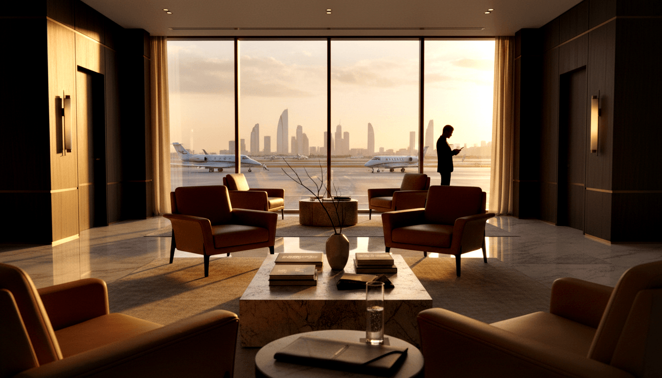 CGI aviation terminal interior with marble floors, leather armchairs, and a silhouetted man in a dark suit viewing a handheld device.