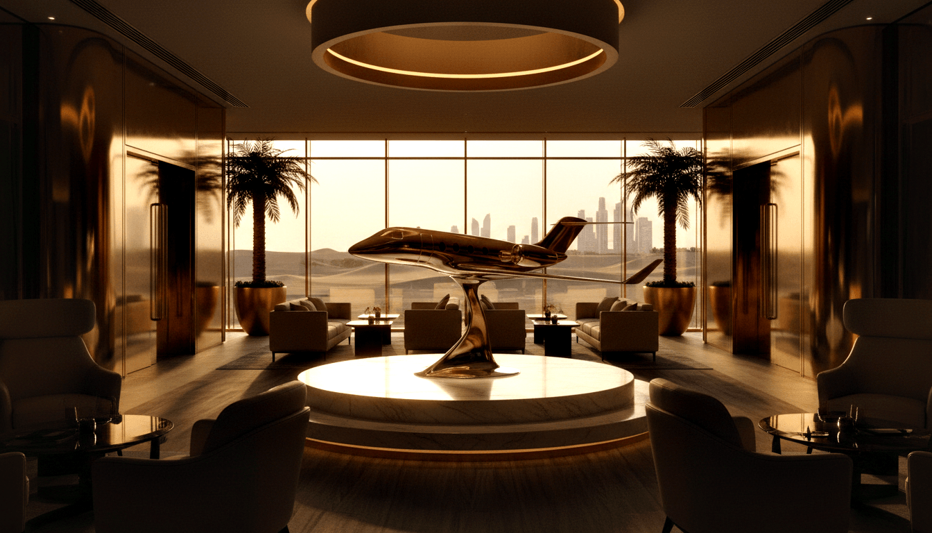Gold jet sculpture on bronze pedestal in symmetrical lounge with cream seating, palm planters, and glass walls overlooking dunes.