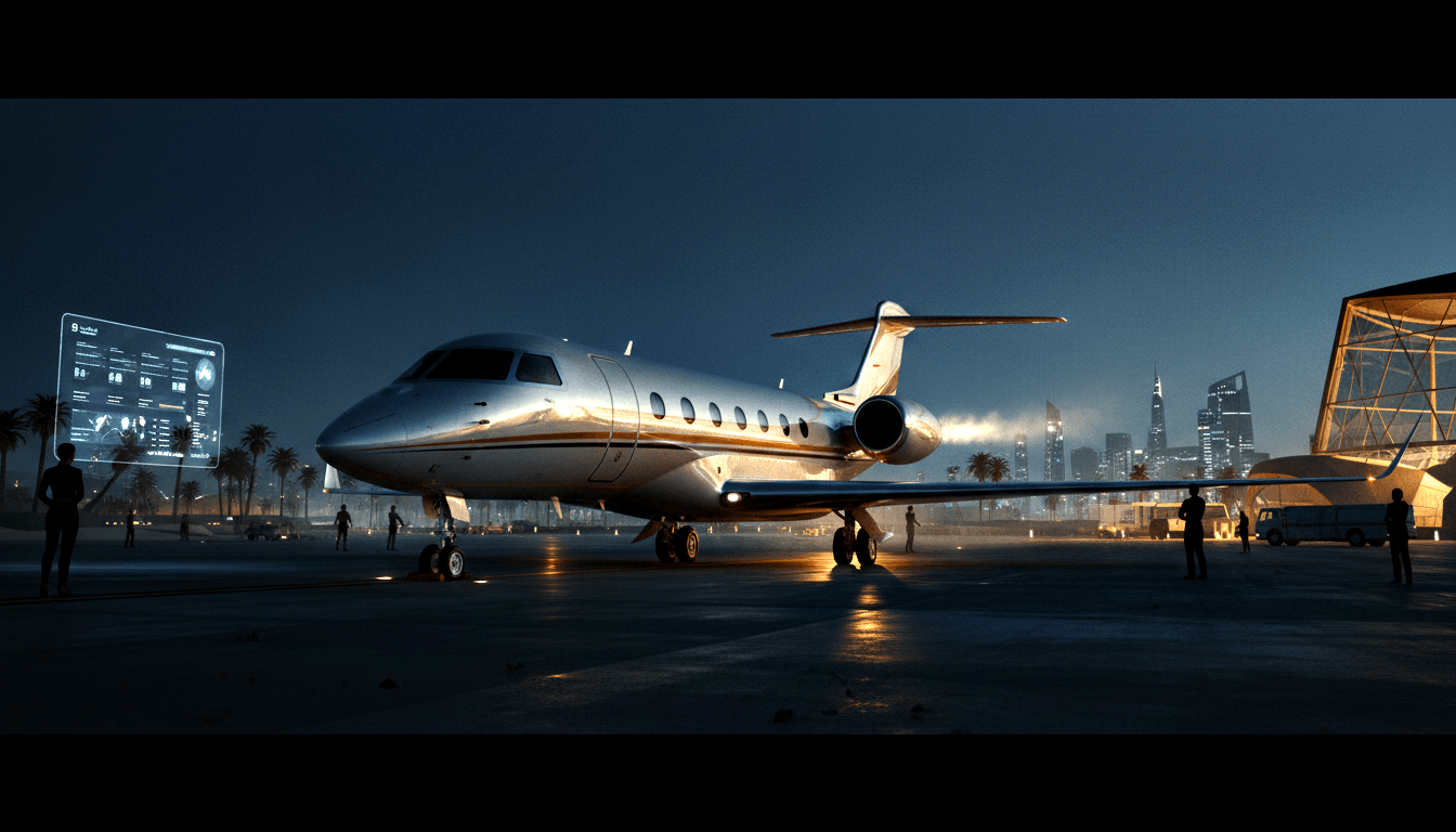 CGI white silver executive jet with gold striping on night tarmac, amber uplights, silhouettes, blue holographic panel, skyscrapers.