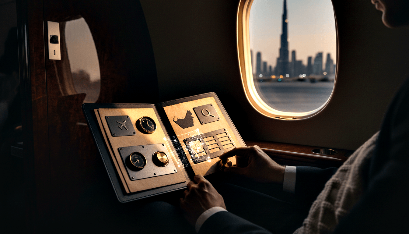 Dark-suited figure in aircraft cabin holds open leather portfolio with analog dials, gauges, and aerial map; oval window shows dusk skyline.