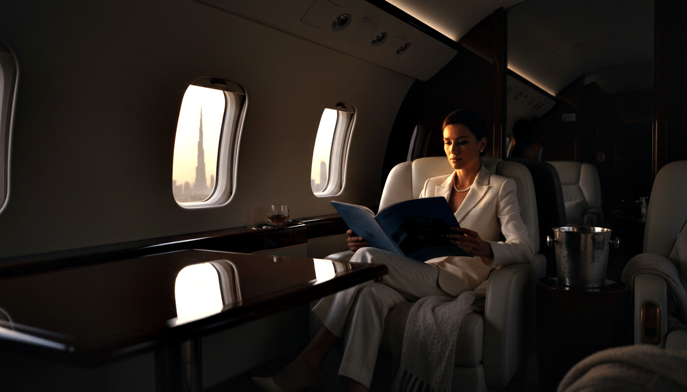 Woman in white pantsuit and pearl necklace reads blue document in cream leather seat on private jet at dusk.