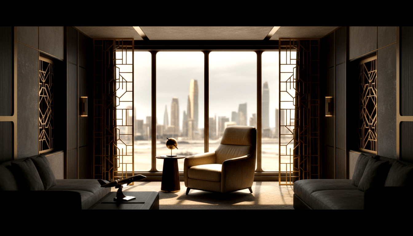 Tan armchair centered before floor-to-ceiling windows, flanked by gold geometric lattice panels, dark charcoal walls, two dark sofas at edges.
