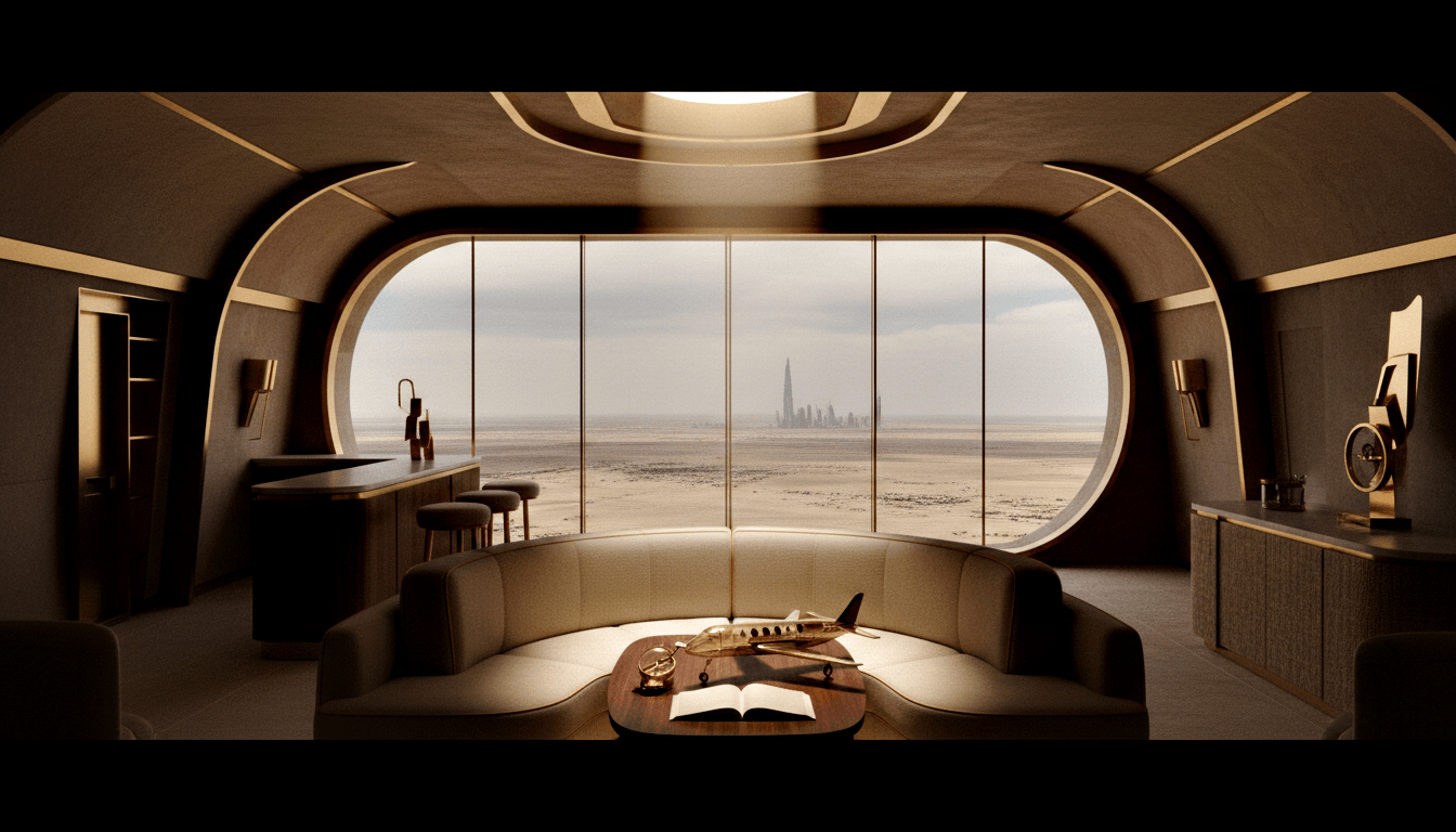 CGI lounge: cream semicircular sofa, dark oval coffee table, arched gold-trimmed window overlooking arid desert, futuristic skyline.