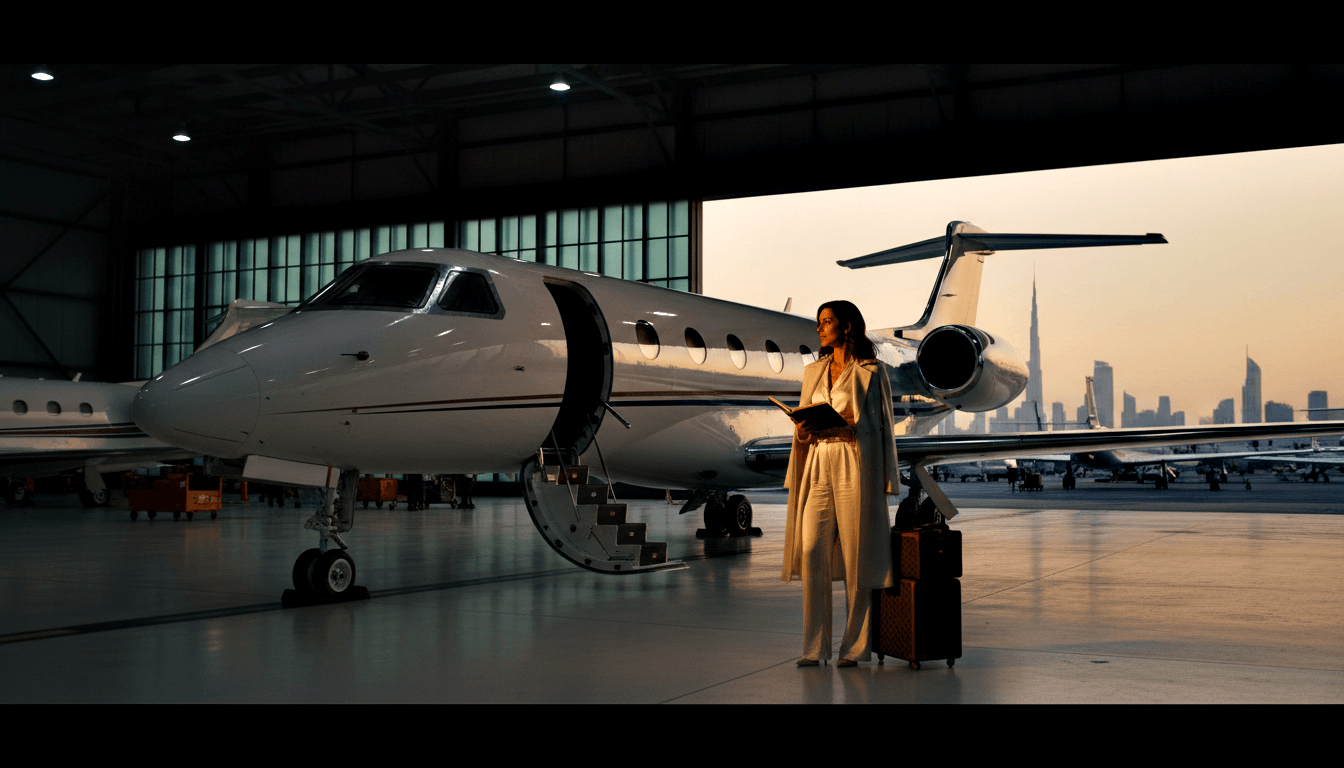 Woman in white blazer beside monogram suitcase near business jet airstair in hangar, city skyline at dusk through open doors.