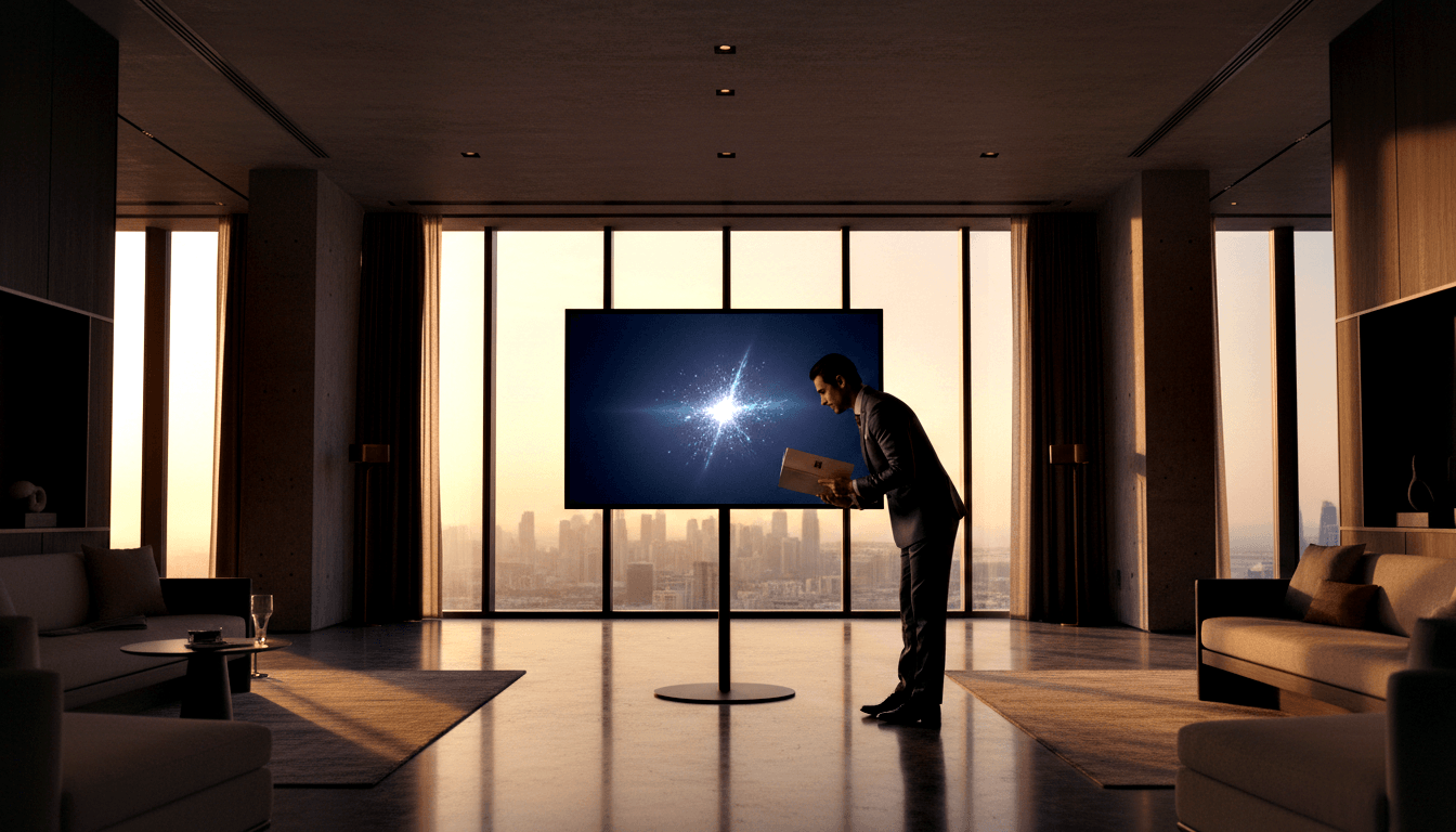 Backlit man in dark suit holds device, looking down before large flat-panel display showing blue-white starburst on circular pedestal.
