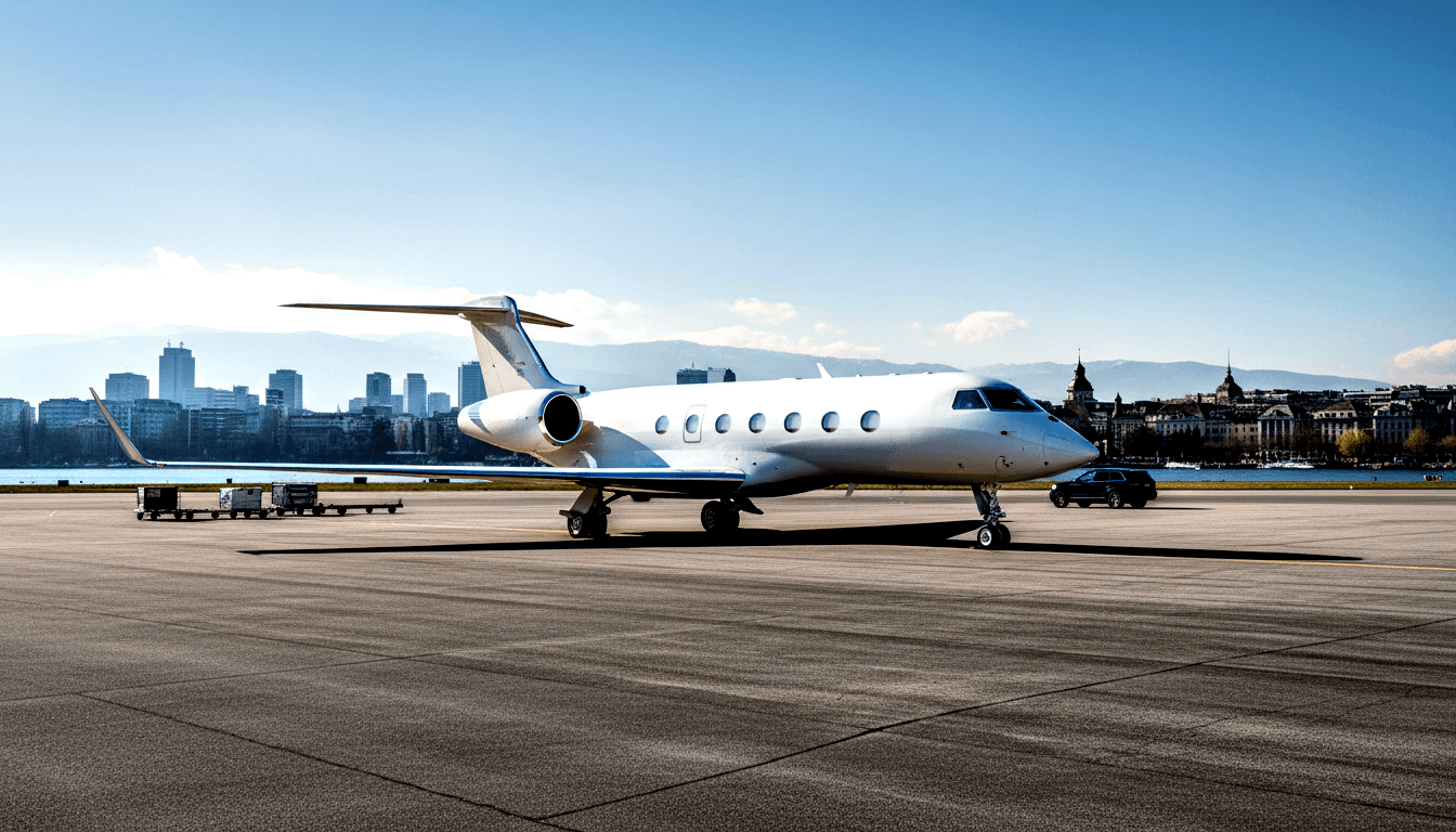 Large white business jet with rear-mounted engines on gray tarmac, dark SUV at right, city waterfront and mountains in background.