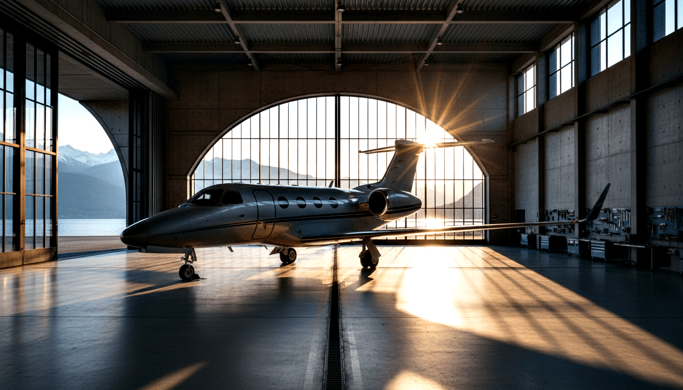 Dark charcoal private jet with rear-mounted engines and T-tail in hangar, golden-hour sunlight creating starburst flares through arched door.