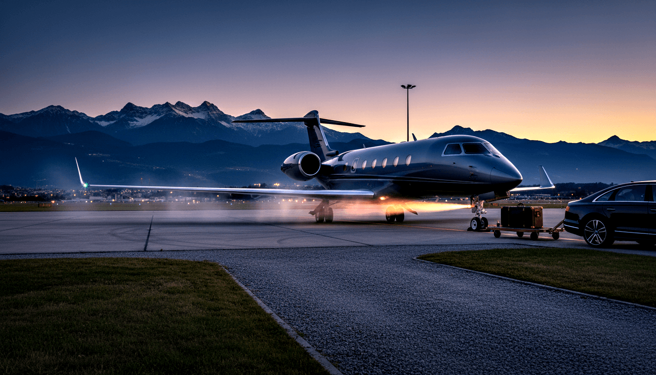 Dark navy business jet on twilight tarmac, engines glowing amber, snow-capped mountains silhouetted in blue-purple behind.
