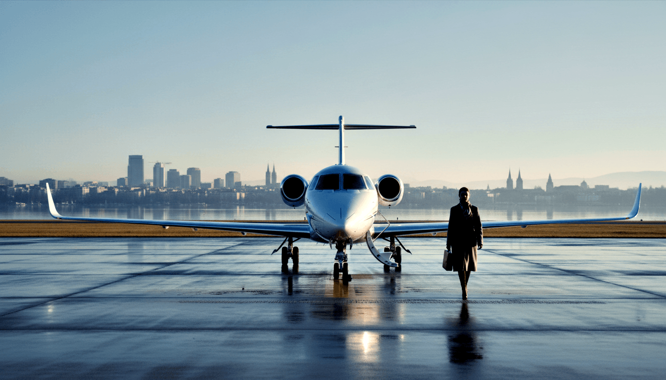 White business jet with T-tail on wet tarmac; silhouetted figure in long coat carries briefcase walking from deployed airstairs.