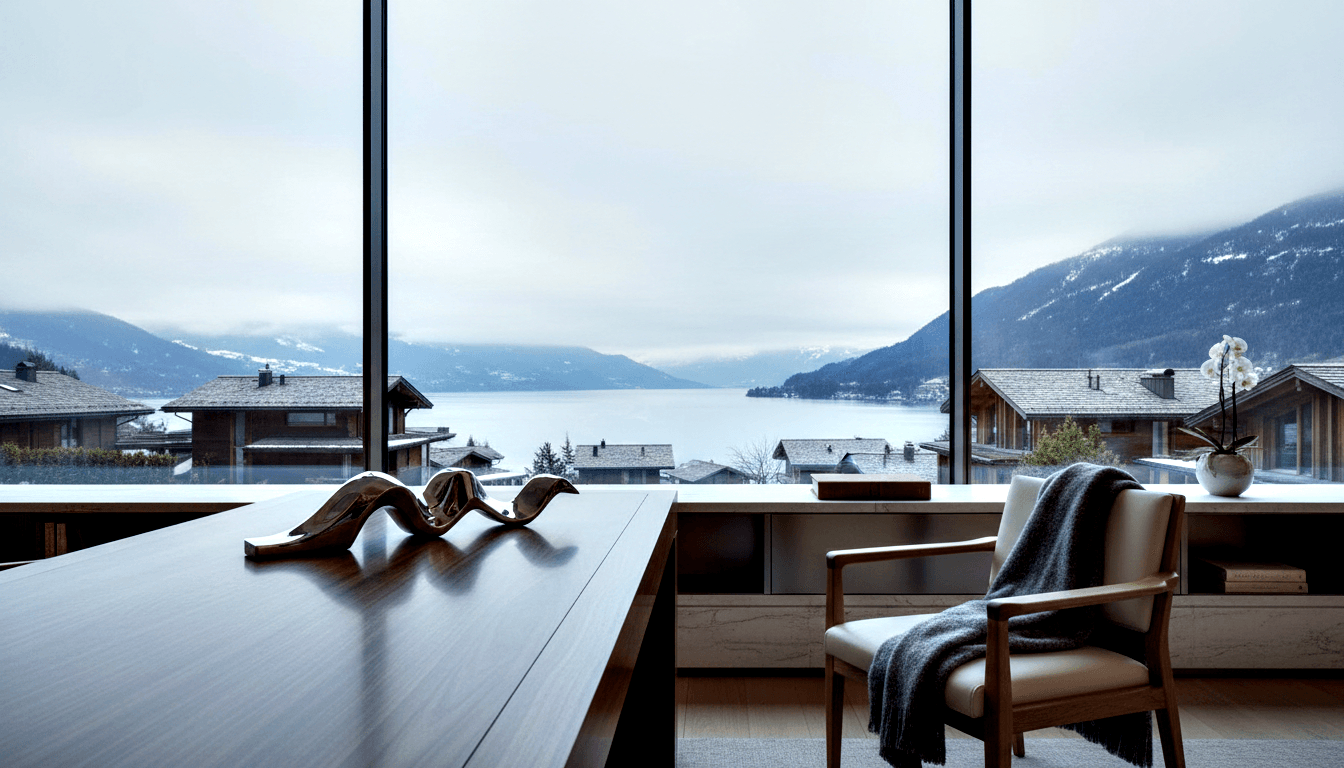 Walnut desk with metallic sculpture and orchid vase, cream armchair, floor-to-ceiling windows showing snowy mountain lake village.