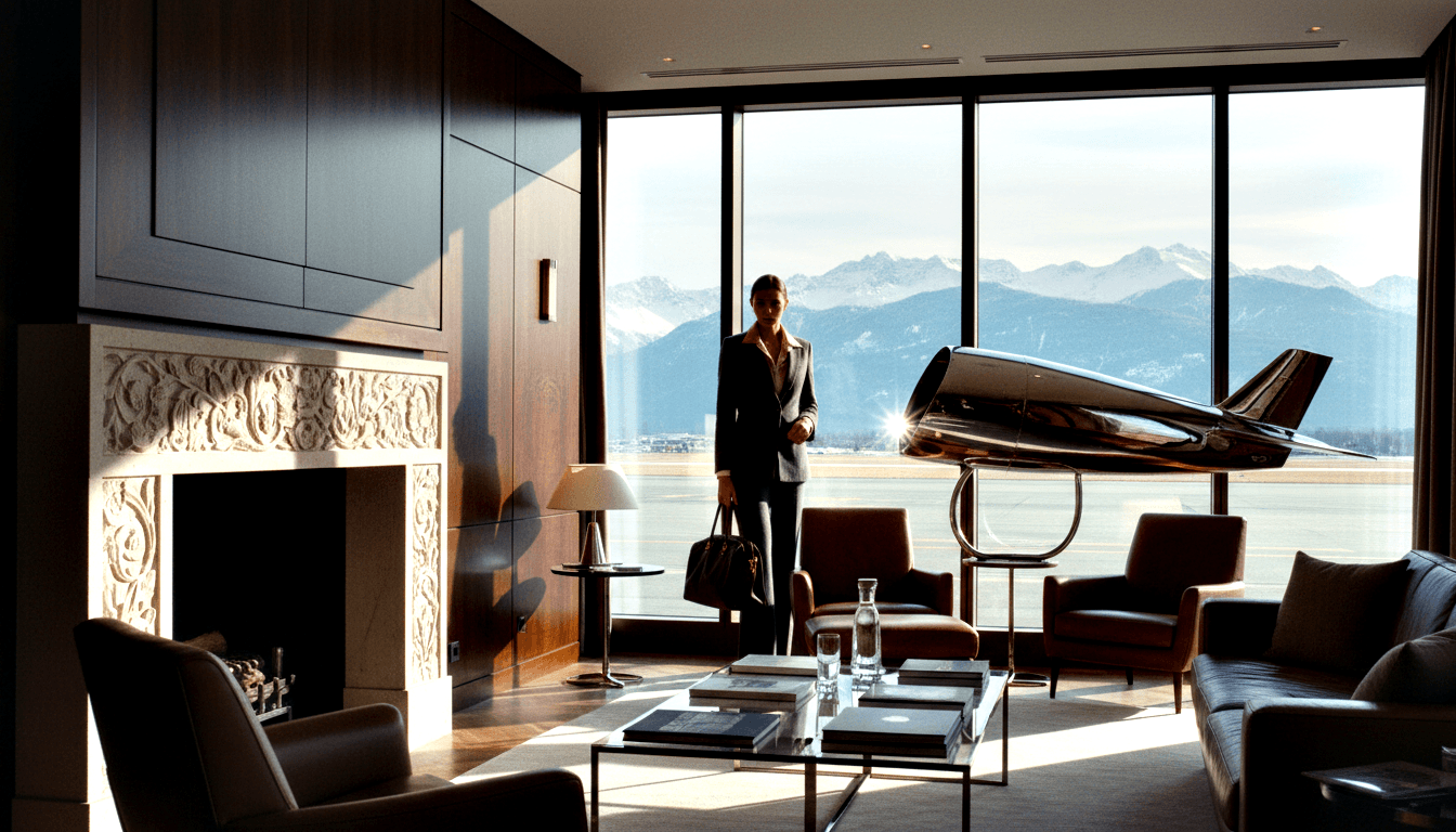 Woman in dark blazer holding a structured handbag stands in a paneled lounge with stone fireplace, chrome aircraft model, and runway view.