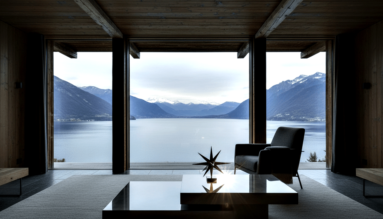 Dark armchair, black coffee table with spiked star sculpture, floor-to-ceiling windows framing alpine lake and snowy peaks.