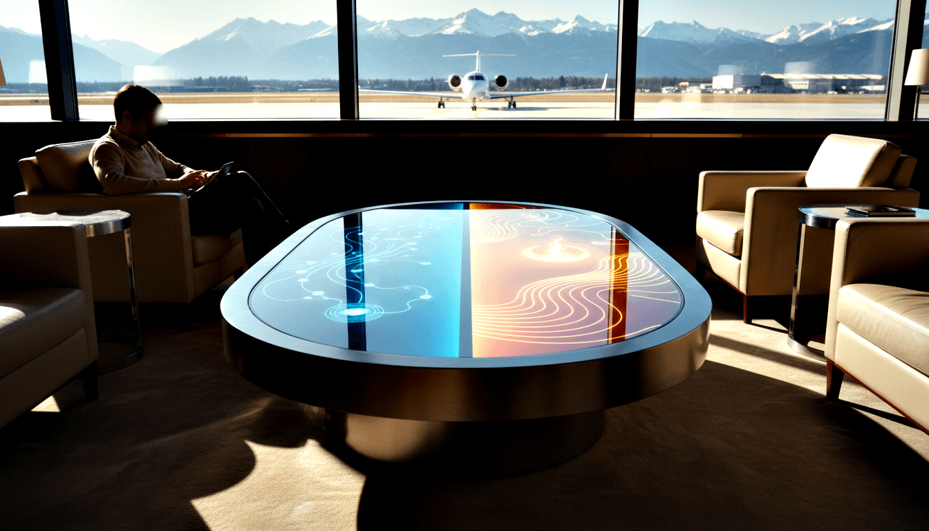 CGI oval coffee table, blue/amber halves with glowing topographic lines, lounge with jet and mountains beyond.